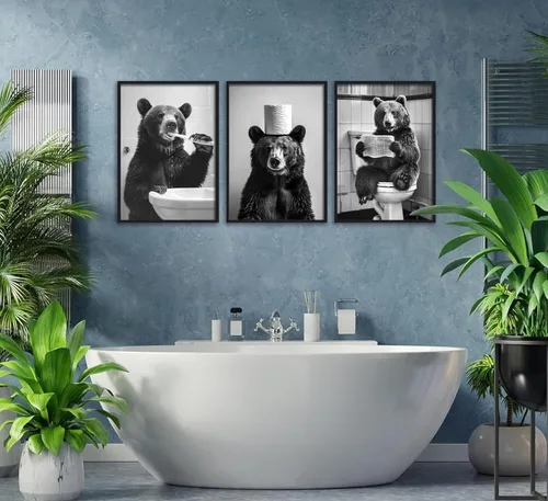 Vista 3 de Divertido lienzo de oso negro para baño, arte de pared moderno en blanco y negro, imágenes de adorable oso con impresiones de papel higiénico, obras