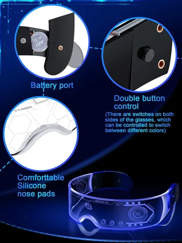 Vista 3 de 6 pares de anteojos iluminados anteojos LED que brillan en la oscuridad anteojos futuristas para cosplay festivales de Halloween