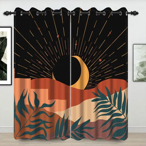 Vista 9 de Cortinas abstractas bohemias para ventana, estética de mediados de siglo, hojas de luna de montaña, para oscurecer la habitación, cortina con ojales