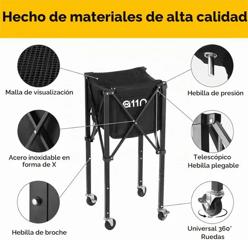 Vista 2 de A11N SPORTS Pickleball & Tennis Ball Hopper with Wheels, Foldable Cart Negro