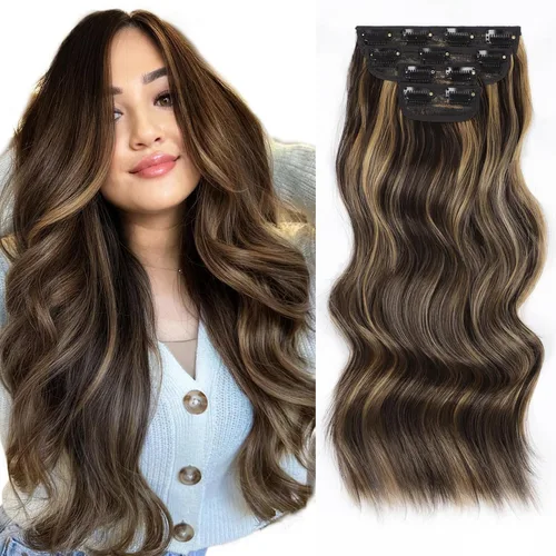 Vista 10 de Extensiones de cabello con clip de Vigorous de 20 pulgadas, con reflejos rubio playa, extensiones de cabello ondulado largo y suave de cabello