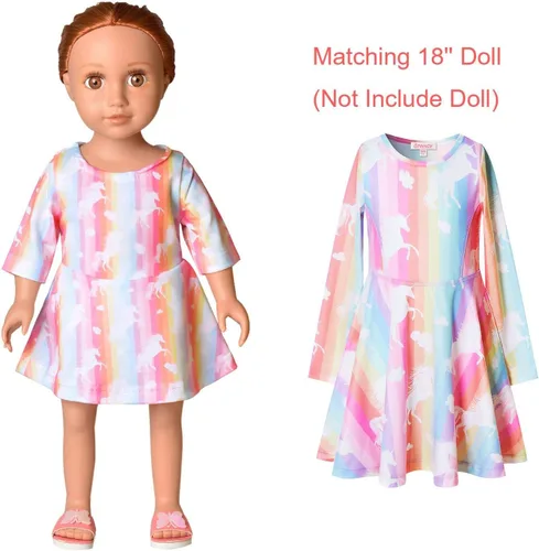 Vista 3 de Qpancy Vestidos a juego para muñecas y niñas, trajes de unicornio de manga larga, ropa de algodón