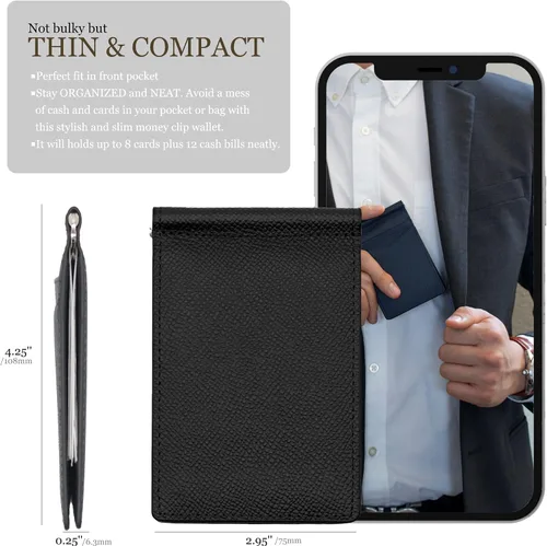 Vista 6 de Billetera plegable súper delgada, de piel auténtica, minimalista, con bolsillo frontal, para hombre, con clip para dinero, bloqueo RFID, Negro