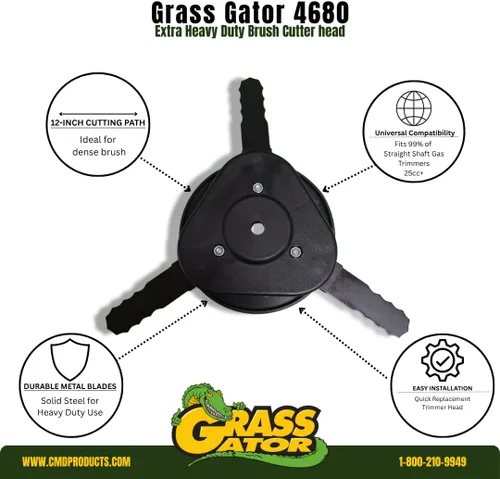Vista 4 de Grass Gator 4680 Cabezal cortador de cepillo con cuchillas de metal Reemplazo extra resistente para recortadoras de gas de eje recto 25 cc +
