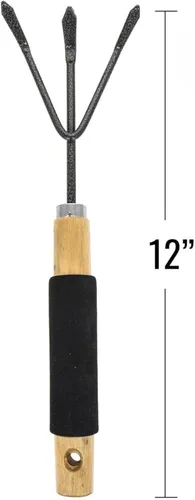Vista 4 de Cultivador de rastrillo de jardín de 3 puntas de madera de mano de acero triple