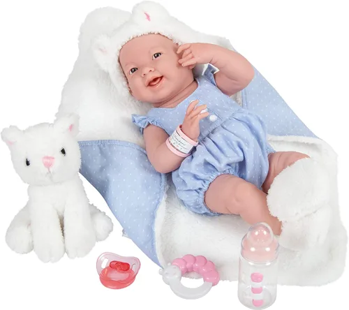 Vista 2 de JC Toys La Newborn Muñeca bebé niña de 15 pulgadas de vinilo anatómicamente correcta con traje blanco y rosa y accesorios de lujo Diseñada