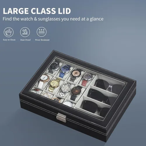 Vista 20 de AUTOARK AW-004 - Caja de cuero para 6 relojes y 3 lentes y gafas de sol con organizador de joyas, cajas de almacenamiento para hombre y mujer, tapa