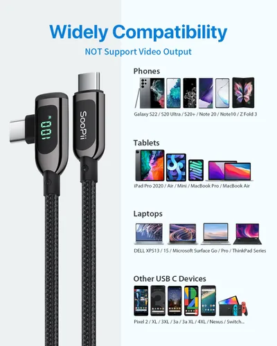 Vista 8 de SOOPII 100W Cable USB C a USB C de Ángulo Recto, Cable de Aleación de Zinc de 1 Pie de Tipo-C Trenzado de Nylon con Pantalla LED para iPad