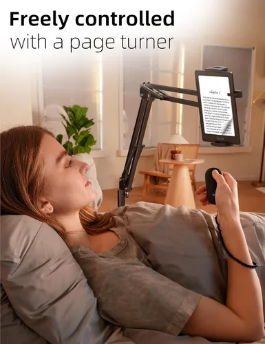 Vista 2 de VOLTIFYMAX Soporte de Piso para Kindle con Pasador de Páginas Remoto para Leer en la Cama, Soporte para Tableta con Clicker, Accesorios Kindle