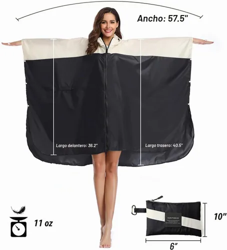 Vista 2 de SaphiRose - Poncho de lluvia unisex impermeable con capucha para mujeres adultas con bolsillos A-negro-blanco