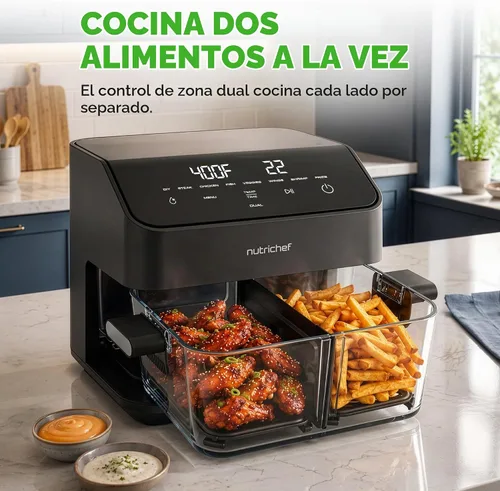 Vista 2 de NutriChef Freidora de aire de doble cesta de vidrio de tamaño familiar de 8.5 cuartos de galón Modos de cocción dual preestablecidos 8 en 1 Negro