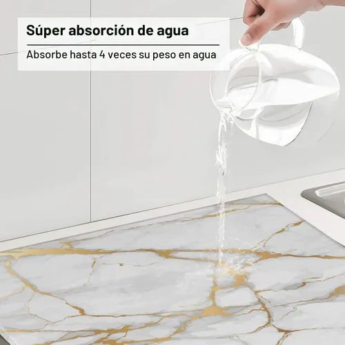 Vista 5 de Tapete de secado de platos de mármol blanco dorado para encimera de cocina, absorbente de 16 x 18 pulgadas, placa de microfibra de vidrio