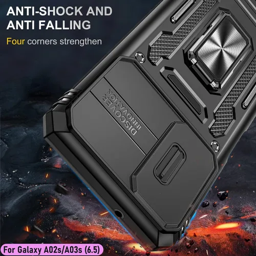 Vista 7 de Funda resistente para Samsung Galaxy A03s/A02S, protección híbrida de goma de doble capa de grado militar con protector de cámara deslizante