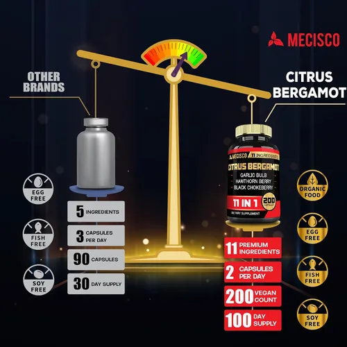 Vista 4 de Mecisco Suplemento de bergamota cítrica 11 en 1 de 1000 mg con hoja de olivo, baya de espino, guggul, ajo y más, apoya la inmunidad, el sistema