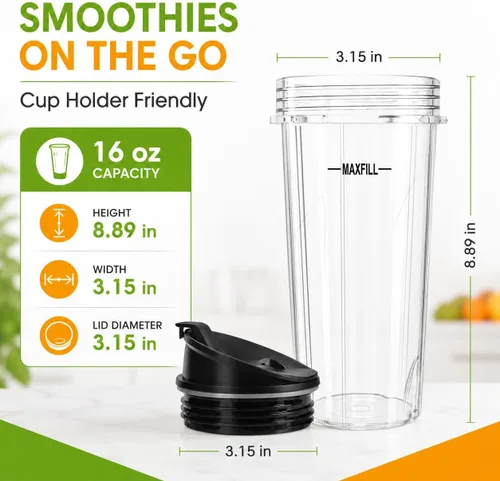 Vista 5 de Vasos de repuesto de 16oz para licuadora Ninja - Paquete de 3 vasos de licuadora Ninja con tapas, compatibles con Ninja QB3001SS, BL770, BL780