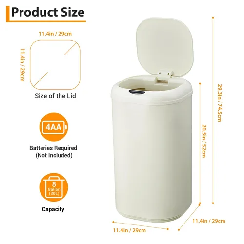 Vista 8 de Basurero de cocina con sensor de movimiento de 8 galones, cubo de basura automático sin contacto con tapa, cubo de basura cilíndrico de acero
