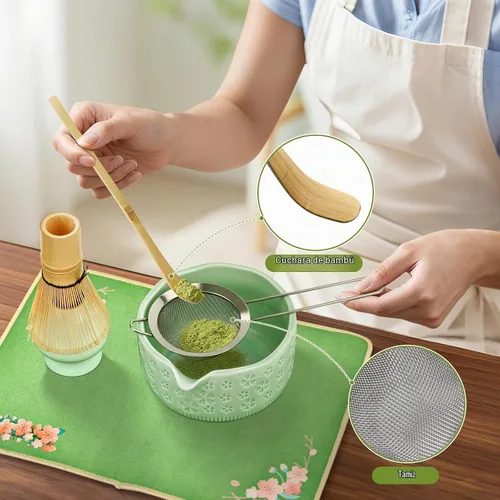 Vista 2 de Juego de batidor de matcha, kit de 7 piezas de fabricación de matcha con cuenco matcha, batidor y soporte de matcha, cuchara de bambú, soporte