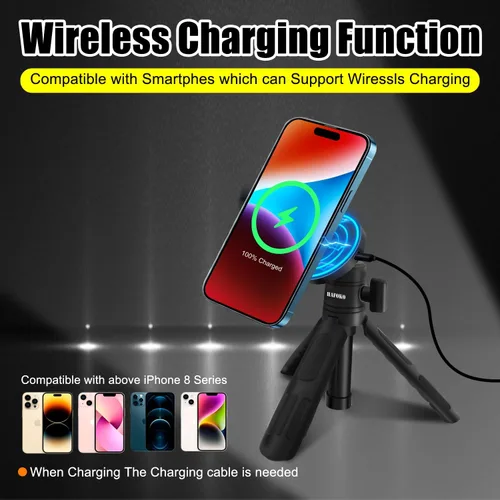 Vista 2 de HA-W08 magnético selfie stick trípode de carga inalámbrica magnético soporte de carga inalámbrica de escritorio Smartphone extensión trípode