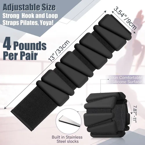 Vista 2 de Vinsot Pilates - Pesas de muñeca y tobillo para mujer, juego de 4 (2 libras cada una), pulseras con peso ajustables para piernas, para caminar Negro