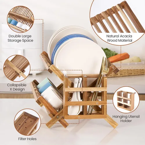 Vista 3 de NOVAYEAH Escurridor de platos de madera de acacia para encimera de cocina, 2 niveles, plegable, escurridor de platos de bambú con soporte