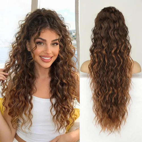 Vista 32 de KooKaStyle Extensión de cola de caballo con cordón de 26 pulgadas (66 cm) para mujeres, extensiones de cabello sintético rizado largo para uso