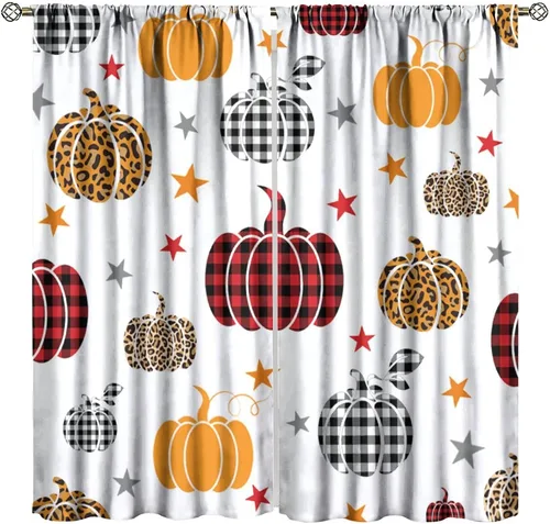 Vista 15 de Cortinas de calabaza enana de otoño, decoración del hogar de Acción de Gracias en otoño, patrón de hojas de arce y girasol, 42 pulgadas de ancho x