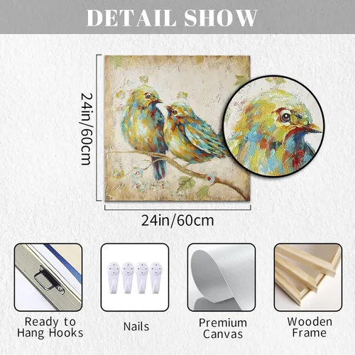 Vista 5 de Canvbay Lienzo decorativo de animales para pared, pájaros y pareja en rama de árbol, imagen de amor familiar, decoración de pared rústica, obra