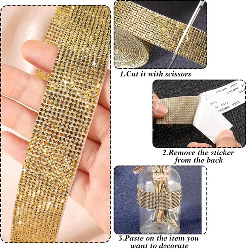 Vista 5 de 5 rollos de cinta autoadhesiva con diamantes de imitación de cristal para manualidades con diamantes de imitación de 0.079 pulgadas (dorado)