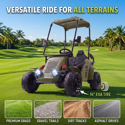 Vista 8 de Hikole Carrito de golf para niños de 36 V, auto de 2 plazas con control remoto y toldo, 4WD Verde militar