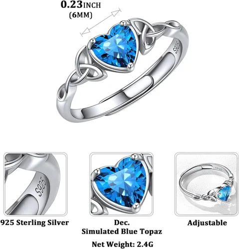 Vista 5 de ChicSilver Anillo de promesa de plata de ley 925 con nudo celta/corazón Claddagh en forma de corazón con piedra natal para mujer