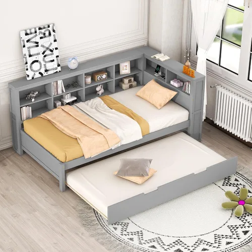 Vista 16 de Sofá cama de madera de tamaño matrimonial con 2 armarios de noche, estantes superiores y 4 cajones, marco de madera resistente, espacio de Marrón