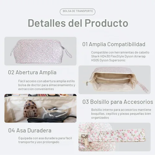 Vista 4 de Bolsa de viaje acolchada para herramientas para el cabello compatible con Dyson secador de pelo, bolsa de herramientas para el cabello floral Rosa