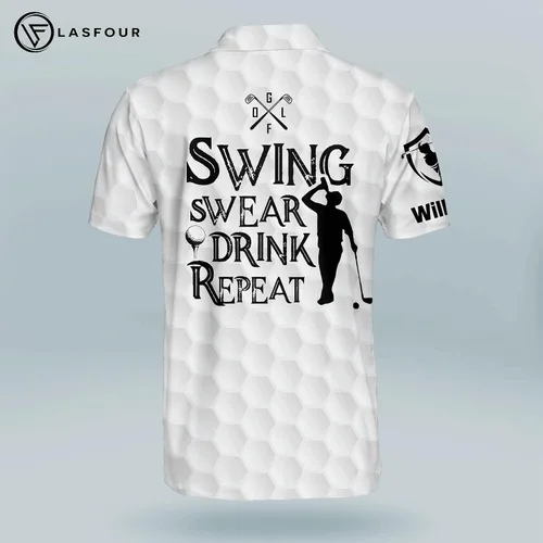Vista 3 de LASFOUR Camisas de golf divertidas con nombre personalizado para hombres, camisas de golf de manga corta, swing Swear Drink Repeat American Polo