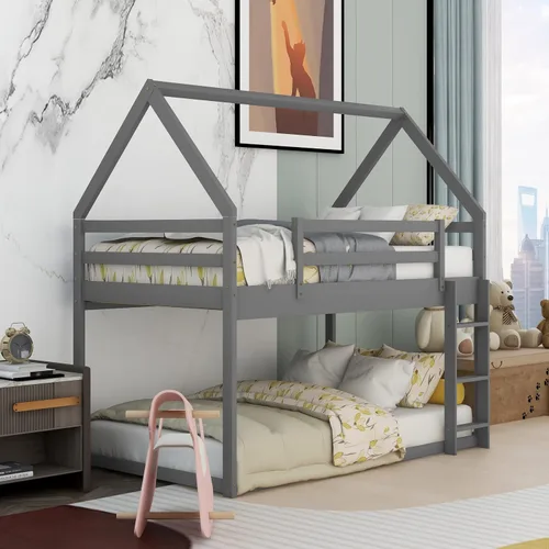 Vista 3 de Harper & Bright Designs Litera baja de tamaño individual sobre individual, marco de cama de madera para casa, escalera integrada, barandilla, techo