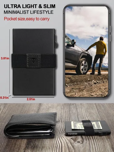 Vista 2 de TOYFID Cartera minimalista desplegable para hombre protección de bloqueo RFID y aluminio ultraligero soporte de tarjeta de crédito silencioso