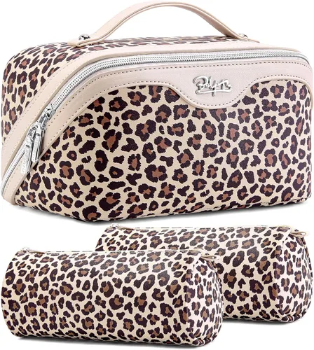 Vista 24 de BOYATU Bolsa de maquillaje de viaje para mujer: 3 en 1 modular con estampado de leopardo para viajes de 3 a 15 días - Neceser impermeable de cuero