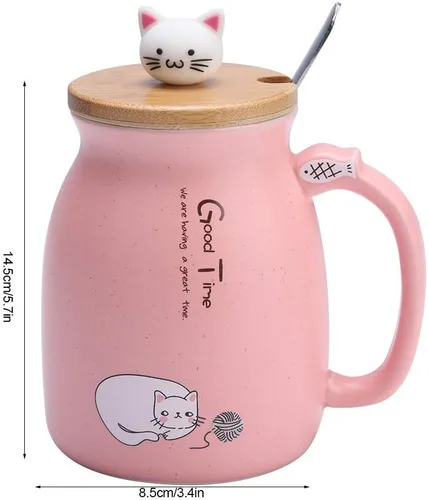Vista 3 de TOPINCN Taza de cerámica con diseño de gato lindo con cuchara y tapa de madera, taza de té y agua para leche para oficina en casa (12.8 fl oz)