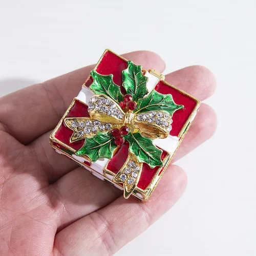 Vista 4 de YU FENG Caja de baratijas de Navidad con moño, decoración de hojas verdes y figura de muñeco de nieve, diamantes de imitación pintados esmaltados