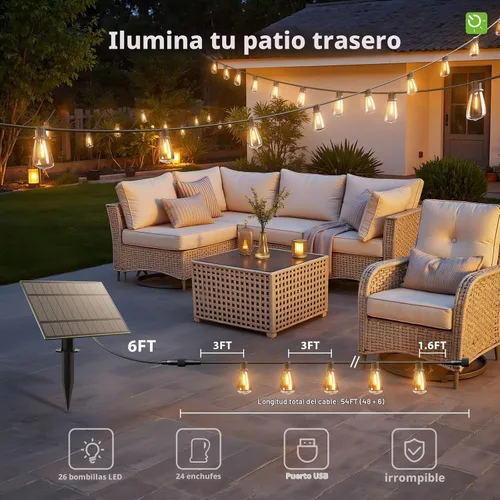 Vista 3 de KYY Luces de cadena solares de 54 (48+6) pies para exteriores con puerto USB y control remoto, impermeables e irrompibles para patio con panel