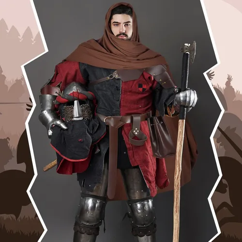 Vista 5 de 7 Pcs Men Halloween Medieval Costume Pirate Outfit Knight Accessories Shoulder Cape Scarf Leather Arm Guards