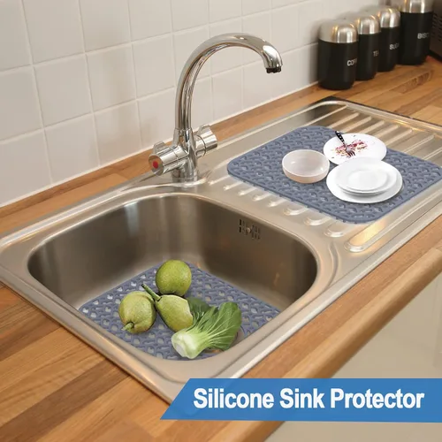 Vista 3 de Paquete de 2 protectores de silicona para fregadero, acero inoxidable, antideslizantes, resistentes a los arañazos, rejilla para fregadero