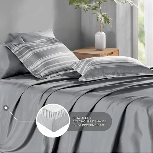 Vista 5 de Codi Juego de cama tamaño Queen en una bolsa, juego de ropa de cama matrimonial, moderno edredón de rayas grises y blancas con sábanas, juego