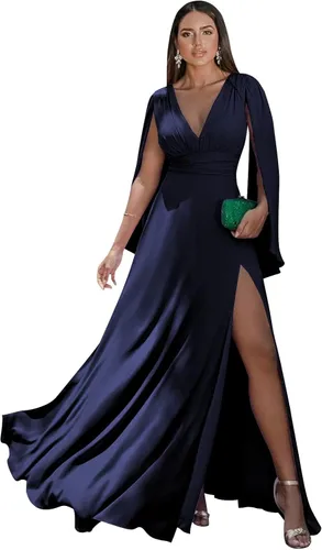Vista 6 de Women's Long Sleeve Bridesmaid Dresses V-Neck Chiffon Ruched Formal Dress Evening Gown with Slit