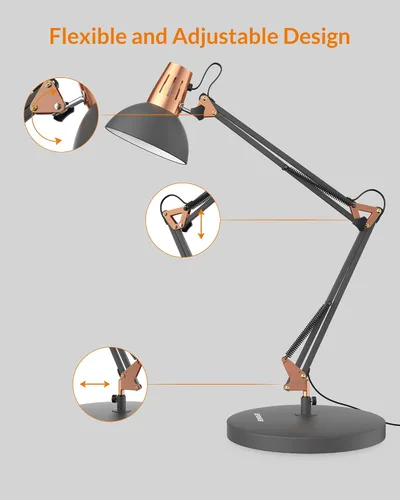 Vista 7 de LEPOWER Lámpara de escritorio de metal, ajustable de cuello de ganso lámpara de mesa de arquitecto con interruptor de encendido/apagado, lámpara