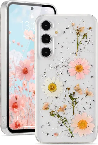 Vista 8 de EYZUTAK Funda para Samsung Galaxy A15 4G/5G, Bling Glitter Lentejuelas Hecho a Mano Hoja De Flor Seca Real Funda Estética Transparente Embedded