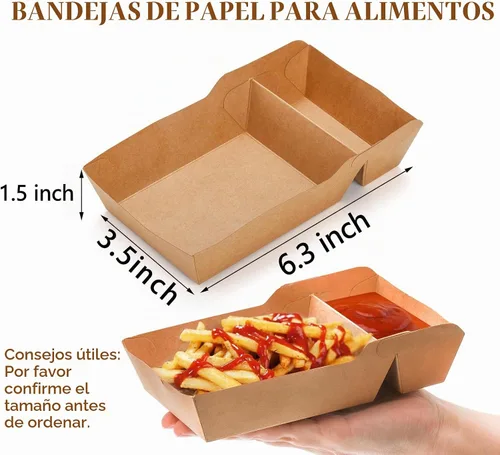 Vista 2 de SOUJOY Paquete de 100 bandejas para servir alimentos, 2 compartimentos, bandeja de nacho kraft desechable, cartón resistente a la grasa, contenedor