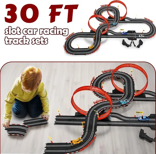 Vista 6 de Conjuntos de Pistas de Carreras de Coches de Ranura de 30 Pies, Juguetes para Edades 8-10 - Pista Doble de Carreras de Coches 1:43 con 4 Coches