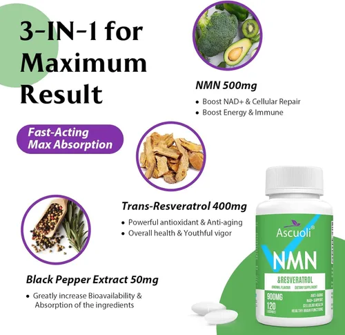 Vista 9 de Sublingual NMN 500mg + Trans-Resveratrol 400 mg, fórmula avanzada 3 en 1 99% puro NMN Resveratrol Suplemento para Boost* NAD, células, inmune