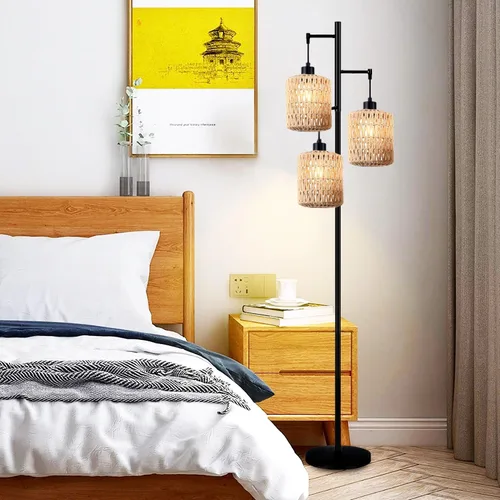 Vista 3 de QIYIZM - Lámpara de pie con diseño de árbol de 3 bombillas; alta, rústica, estilo rural, industrial y boho, pantalla de mimbre y bambú; para sala