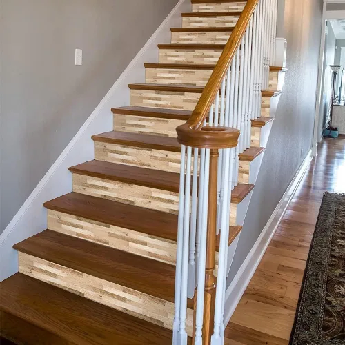 Vista 11 de funlife 3 tiras de calcomanías de vinilo autoadhesivas para escaleras, murales para escaleras, 39.37 x 7.09 pulgadas, gris ceniza Madera gris ceniza